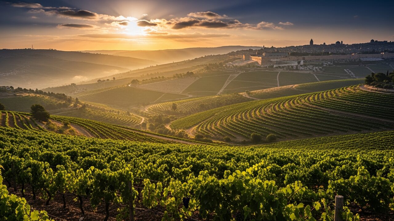 Golden sunrise over the terraced hills and vineyards of the land of Israel with Jerusalem glowing on the horizon