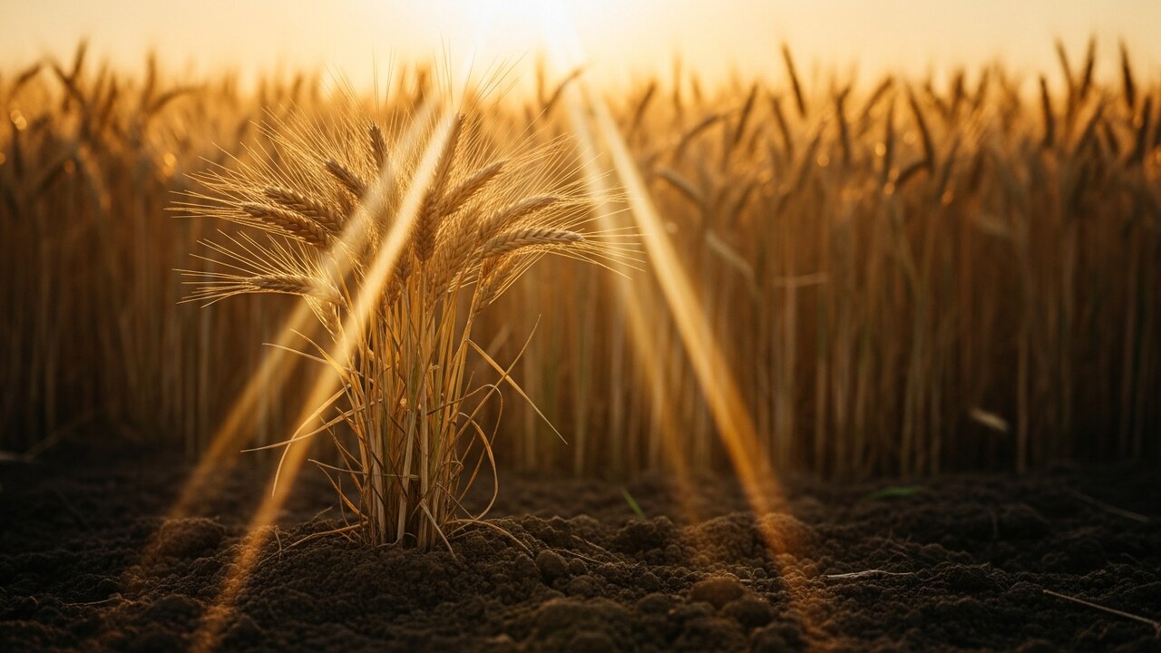 A single wheat plant heavy with golden grain growing from rich dark soil in a sunlit field — the seed sown on good soil that yields a hundredfold, sixtyfold, and thirtyfold harvest (Matthew 13:23)