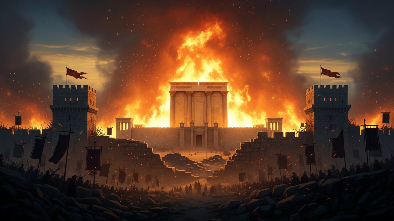 The fall of Jerusalem in AD 70 — the Second Temple engulfed in flames on the Temple Mount at dusk, Roman siege towers and legion standards silhouetted against a burning sky, the hinge moment between Acts and Revelation when Temple Judaism ended and the young Messianic movement was scattered
