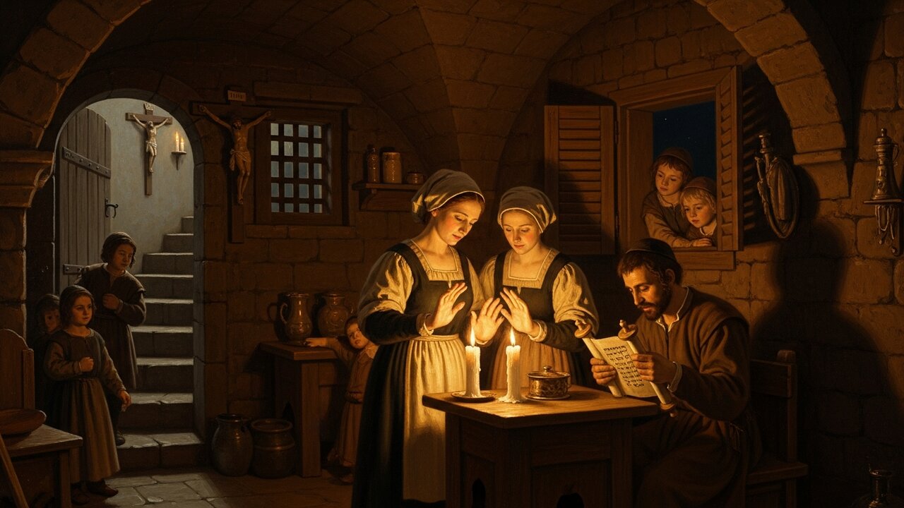 A Converso family in late 15th-century Spain secretly observing Jewish practice by candlelight in a dim stone cellar — a mother shielding lit Sabbath candles while the father reads from a Hebrew scroll and children keep watch, baptized Christians suspected by the Spanish Inquisition of secretly continuing Jewish practice