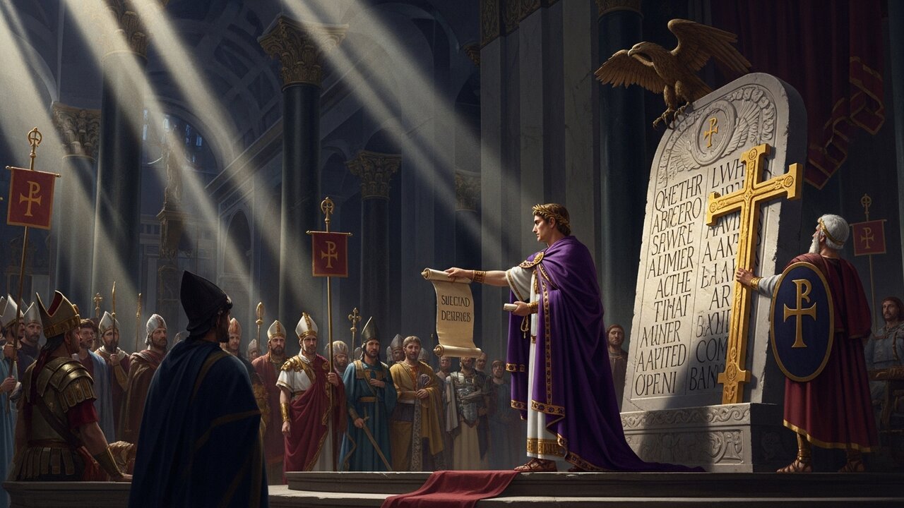 Emperor Constantine in imperial purple inside a grand Roman basilica, handing down a sealed decree to assembled bishops while Roman law is carved in stone beside a golden cross — picturing the moment between AD 135 and 325 when the church's theology of separation from the Jewish people was given the force of imperial law