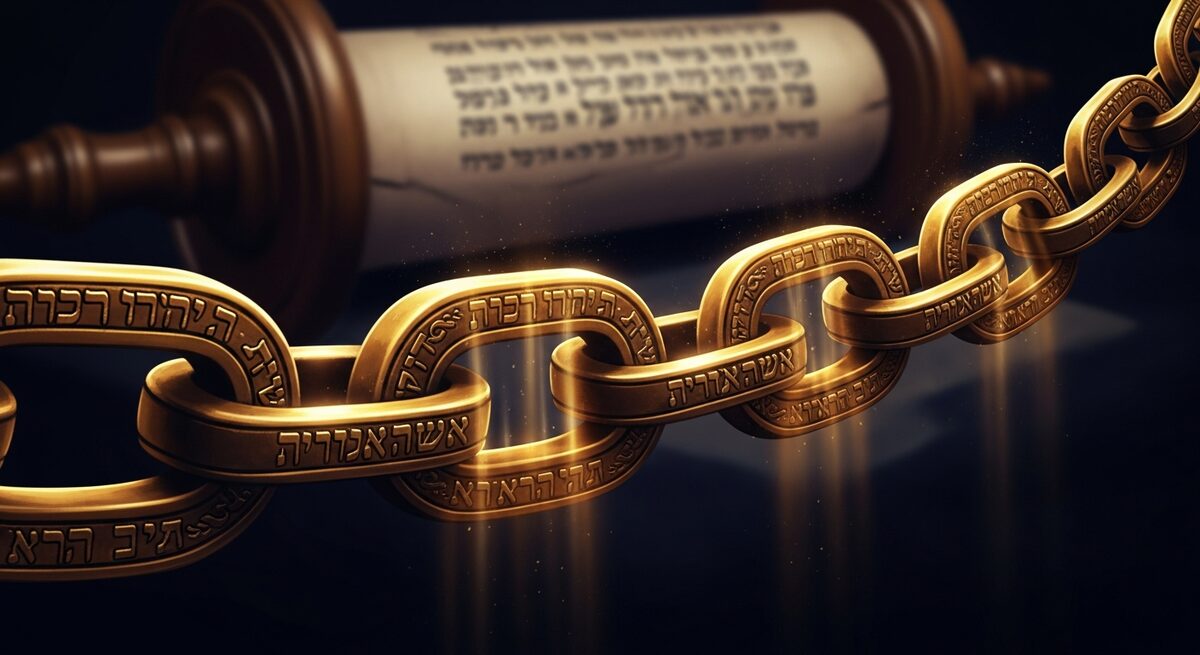 An ancient golden chain with intricate links carrying divine light from one link to the next