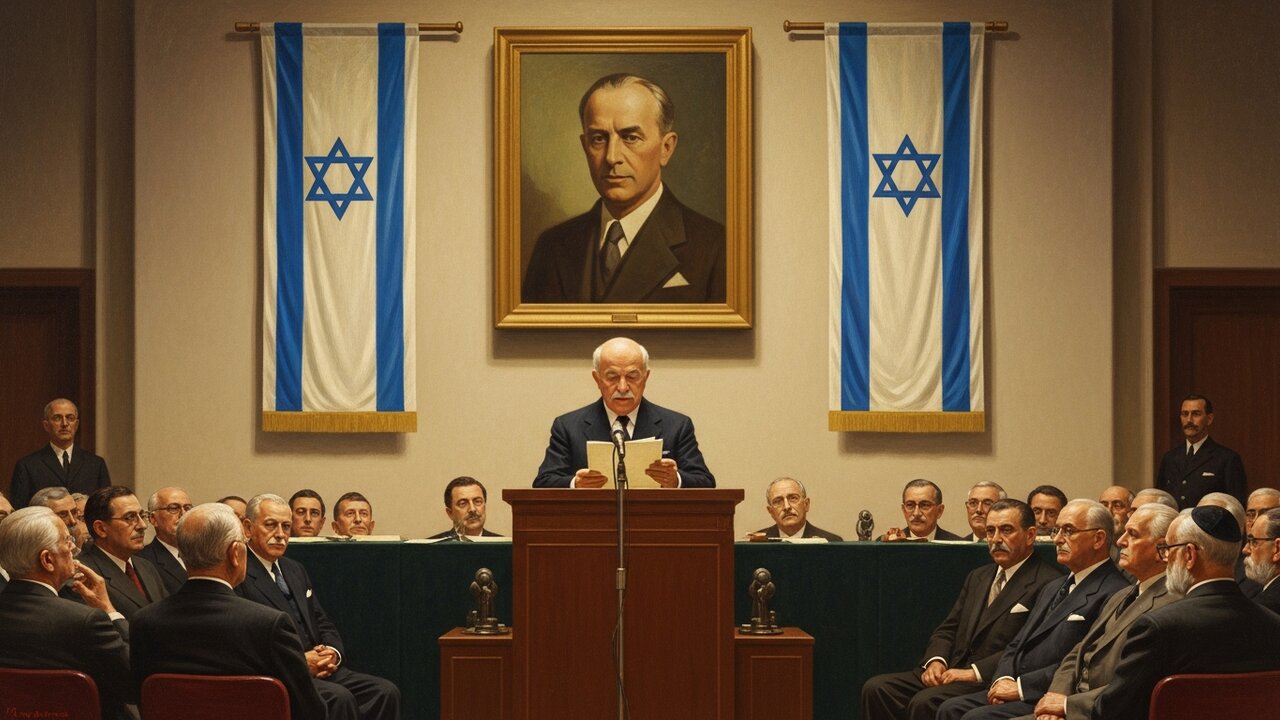 David Ben-Gurion reading the Declaration of the Establishment of the State of Israel on May 14, 1948, standing at a podium beneath a portrait of Theodor Herzl flanked by Star of David banners, before rows of seated dignitaries — the moment Jewish political sovereignty was restored after nearly two thousand years