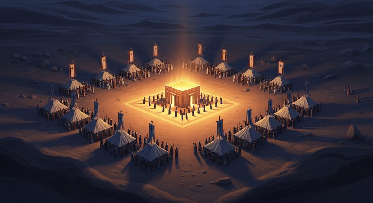 Aerial view of the twelve tribes of Israel arranged in formation around the Tabernacle in the wilderness