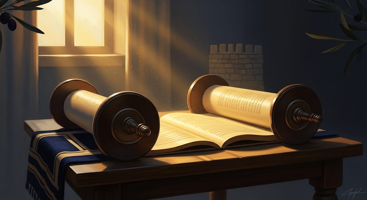 An open Torah scroll bathed in golden morning light — Jesus fulfilled the Torah every day