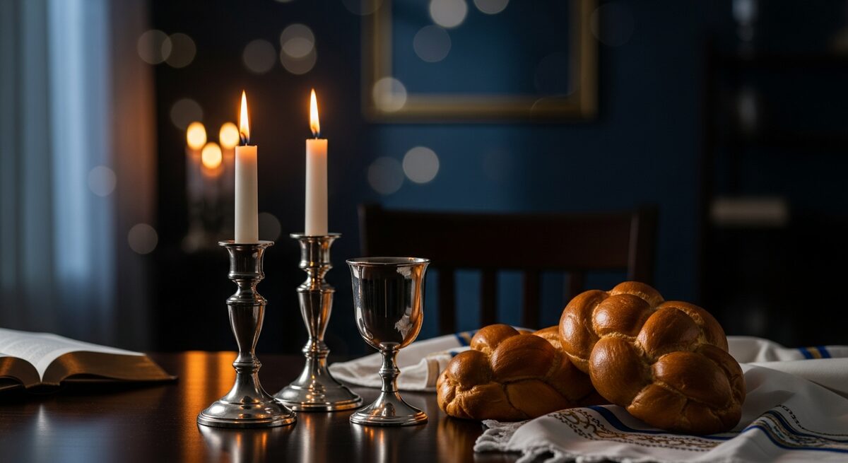 A Shabbat table set with lit candles, kiddush cup, and two braided challah loaves