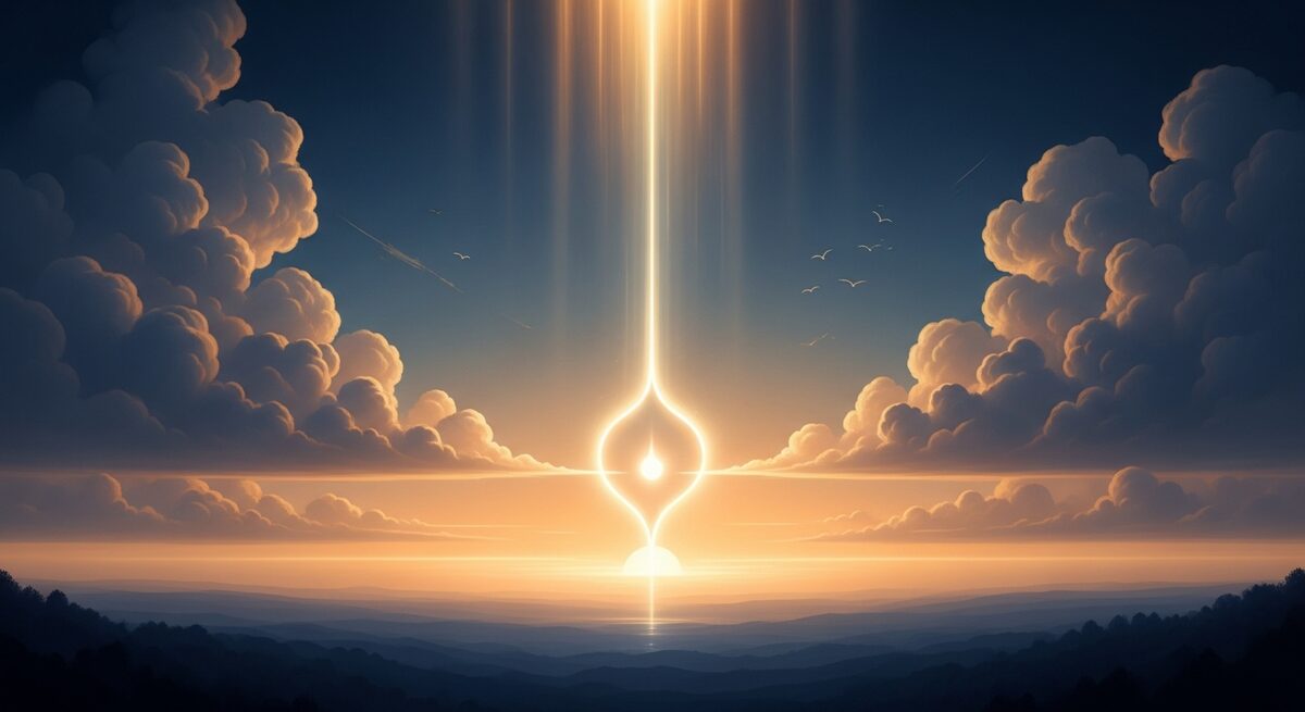 Heaven and earth aligning — a radiant light descending from above meeting the glowing light of the soul rising from below, symbolizing God’s perfect harmony