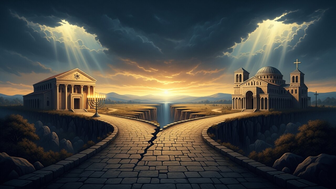 A single ancient stone road forking into two diverging paths — one leading toward a synagogue with a glowing menorah, the other toward an early Christian basilica with a cross, a widening chasm opening between them under a dramatic sky, picturing the historic separation of Jews and Christians between AD 70 and 200