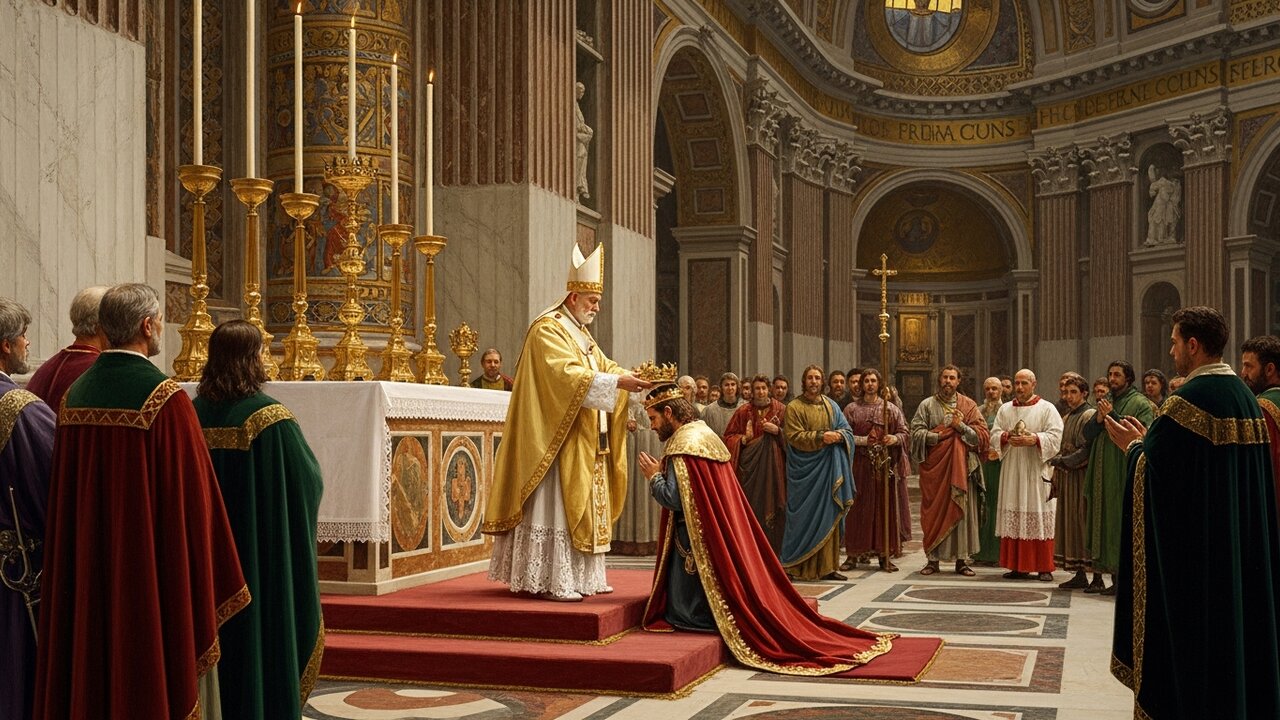 Pope Leo III placing a golden imperial crown on the head of Charlemagne, King of the Franks, who kneels before the altar of old St. Peter's Basilica in Rome on Christmas Day, AD 800, surrounded by clergy and Frankish nobles — the moment papal and imperial power fused into Latin Christendom