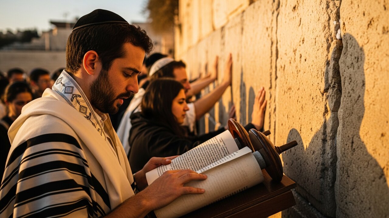 A Jewish man wrapped in a tallit reading from an open Torah scroll at the Western Wall in Jerusalem at golden hour — an image of the rediscovery of Jewish roots and the restoration of Jewish worship in the land after nearly two thousand years of exile