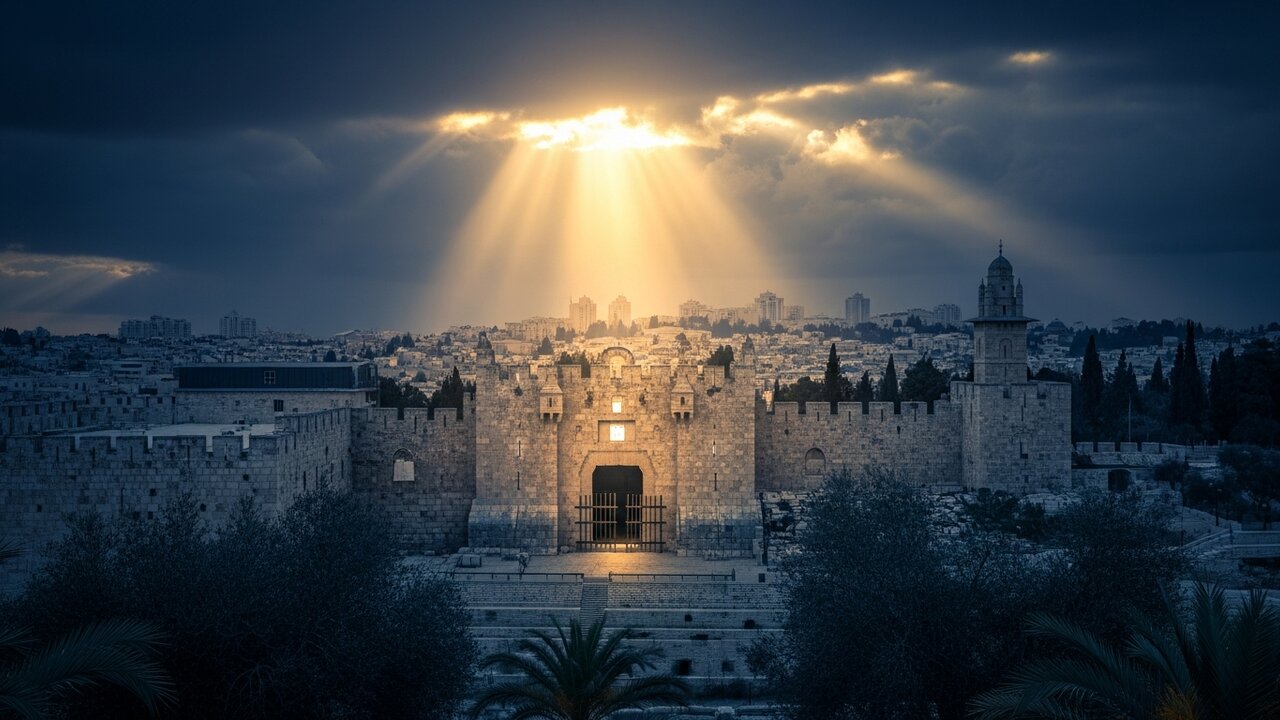 Jerusalem's sealed Eastern Gate at dawn seen from the Mount of Olives — the city lying quiet below while a shaft of golden light breaks through the clouds above the gate, picturing the promise of Matthew 23:38–39: the desolate house awaiting the day Jerusalem says, 'Blessed is he who comes in the name of the Lord!'