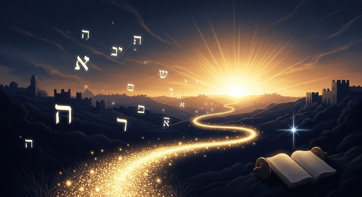 A glowing golden path of light winding toward a sunrise over Jerusalem, with Hebrew letters in the sky — discovering the life path God encoded in your name