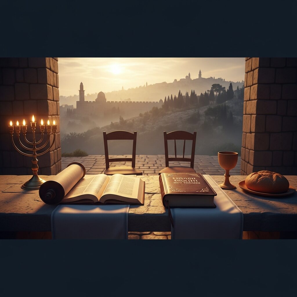 An ancient stone table in Jerusalem dawn light with a Hebrew Tanakh scroll and a New Testament resting side by side beneath a glowing brass menorah — a picture of Jewish-Christian reconciliation