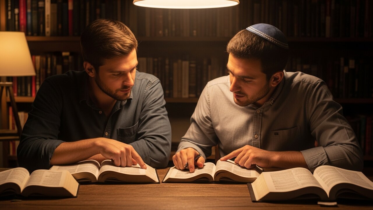 A Christian and a Jewish man wearing a kippah studying an open Hebrew Bible together at a wooden table in warm lamplight — an image of the new friendship and shared study between Jews and Christians that this series traces as historically unprecedented