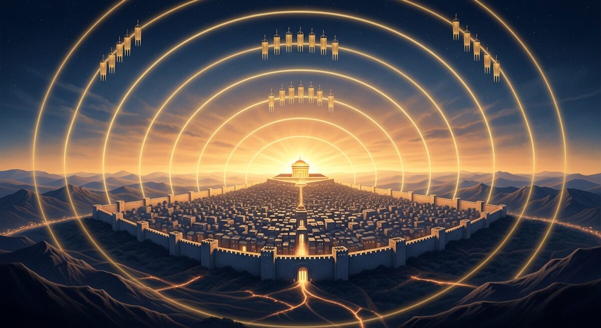 The Messianic Jerusalem at sunrise: a glowing Temple at the center of Zion with concentric rings of tribes and nations radiating outward