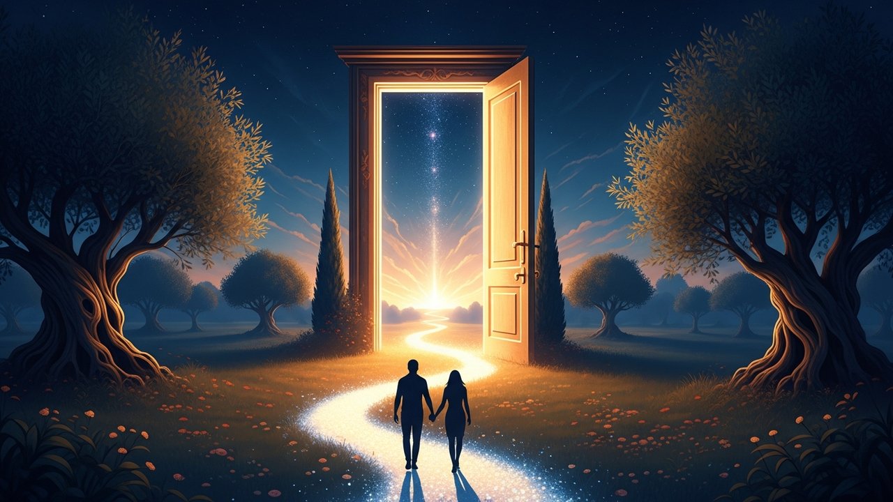 A man and woman walking hand in hand along a glowing path through an Eden-like garden toward a radiant open doorway filled with starlight — a picture of humanity created to walk through this life into eternity with God