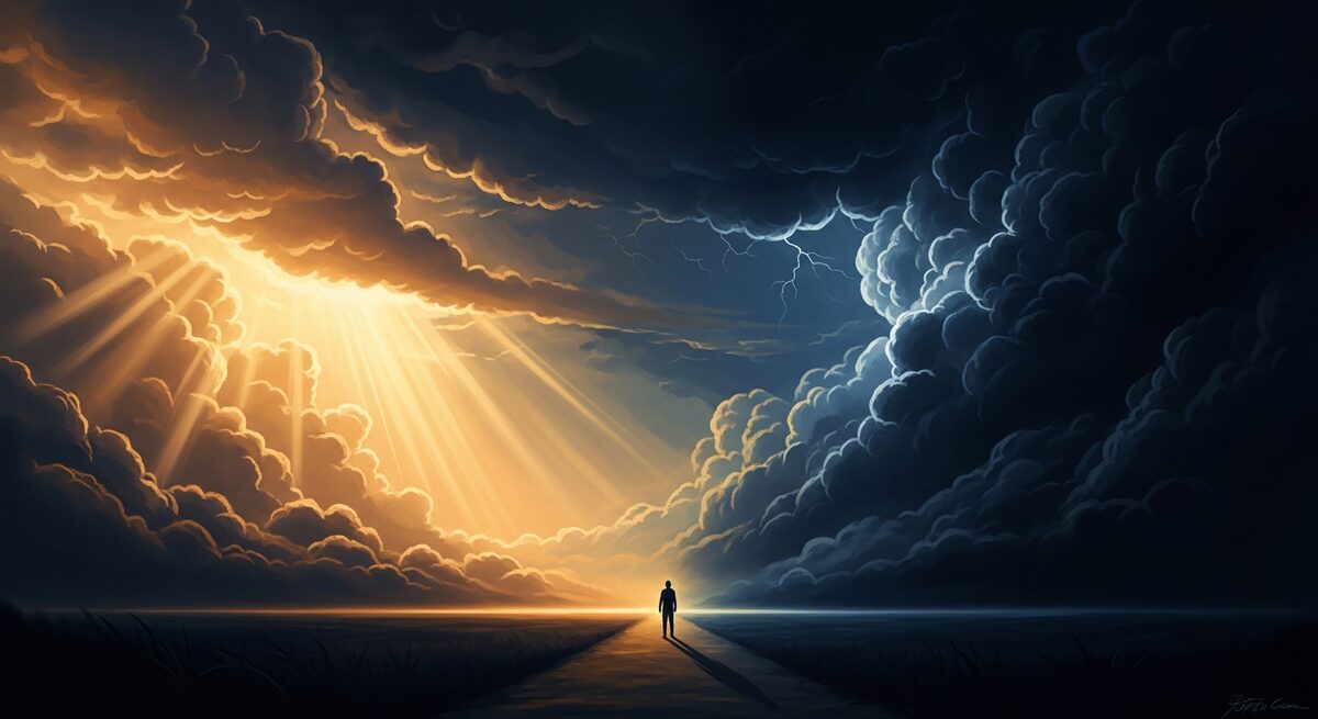 A lone figure stands on a path at a crossroads between radiant divine light and dark storm clouds — the struggle between good and evil