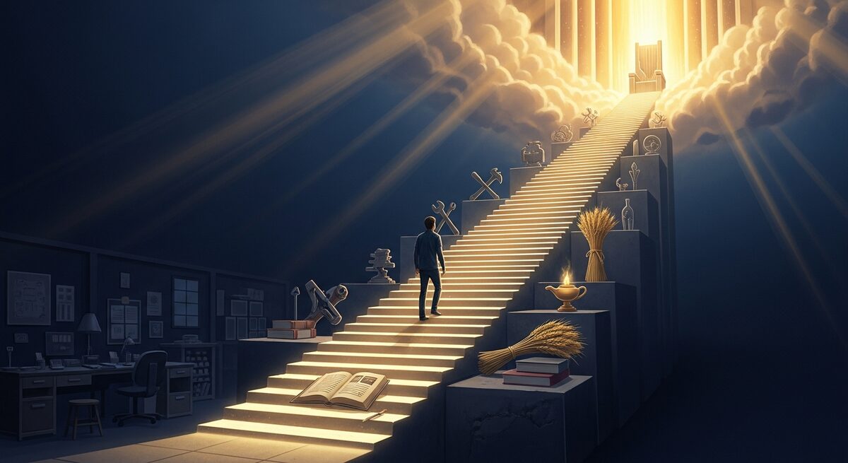 A figure ascends glowing steps rising from an earthly workplace toward a radiant heavenly throne — the eternal career built through a lifetime of faithfulness